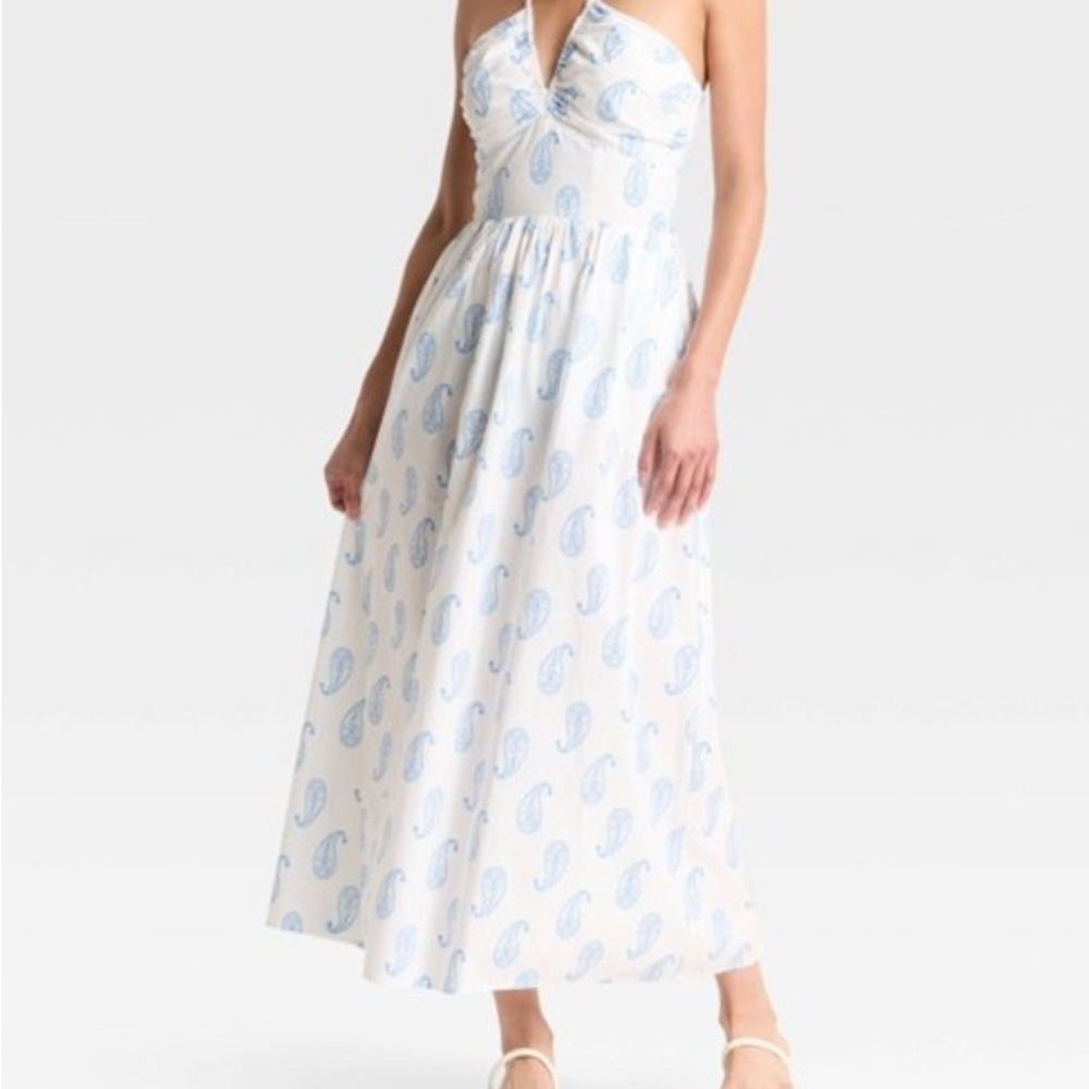 Elegant White and Blue Paisley Dress